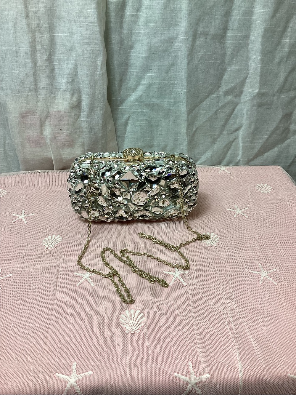Natasha Couture Silver Crystal Embellished Clutch with Gold Chain